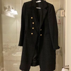 Zara long black tweed coat with gold buttons